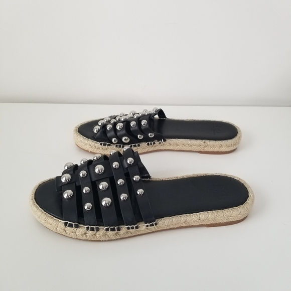 Marc Fisher Black Tamie Leather Studded Slide Sandals Size 9 Espadrille - Picture 9 of 10